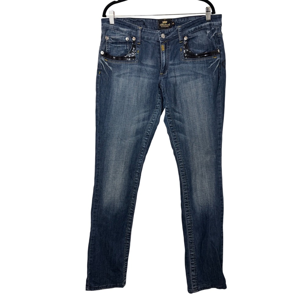 Akademiks Womens Y2K Sequin Embroidered Straight Leg‎ Jeans Blue Medium Wash 36